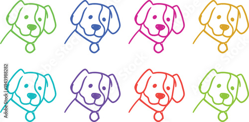 A colorful illustration of eight dog faces in different hues and styles