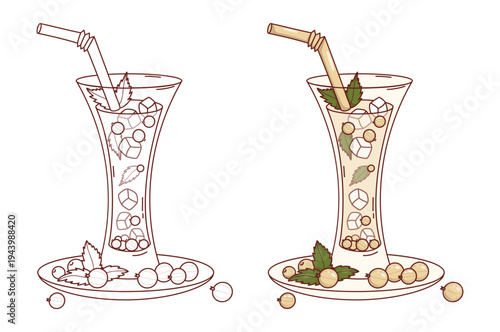 White Currant Fruit Drink in Slim Glass with Straw, Ice Cubes, Berries and Mint Leaves. Seasonal Refreshing Cocktail Set. Isolated Color and Outline drawing, coloring page. Vector Illustration.