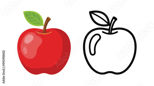 A colorful illustration of a red apple with a green leaf next to a simple black outline of an apple on a white background.