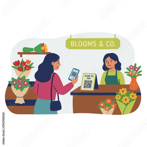 Woman scans QR code on phone at flower shop checkout counter with employee