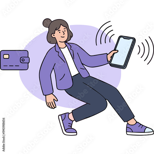 A woman sitting and holding a mobile phone with a credit card nearby.