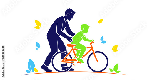 Father teaching son to ride bicycle.