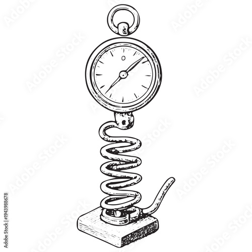 Vintage Spring Scale Gauge Illustration Mechanical Force Meter Industrial Engineering Device