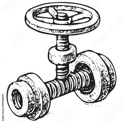 Vintage Metal Handwheel Valve Illustration Industrial Pipe Control Wheel Mechanical Engineering Device