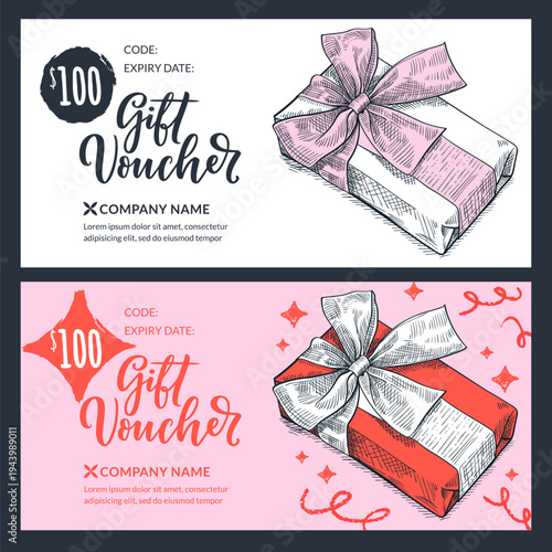 Gift voucher card with hand drawn gift box with bow. Holiday sale banner. Vector certificate, discount coupon design