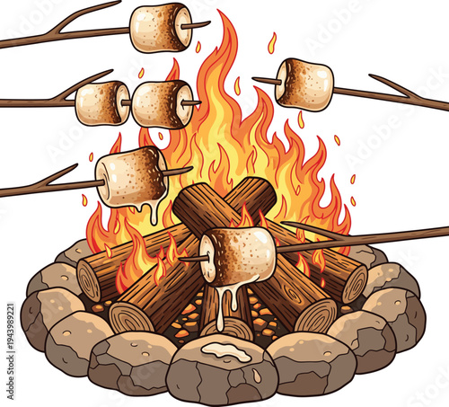 Campfire Marshmallows Roasting Over Flames.