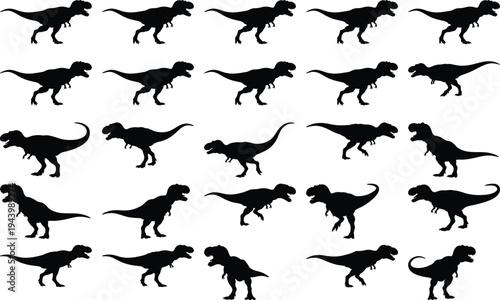 Seamless pattern of black Tyrannosaurus Rex silhouettes in diverse action stances on a white backdrop, ancient creature graphic design.
