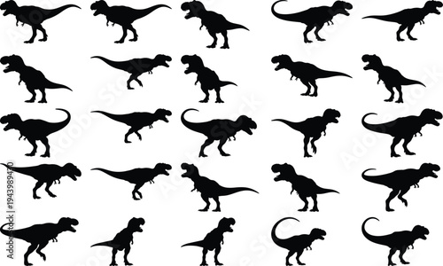Seamless pattern of black Tyrannosaurus Rex dinosaur silhouettes in diverse dynamic poses on a white backdrop, evoking ancient wilderness.