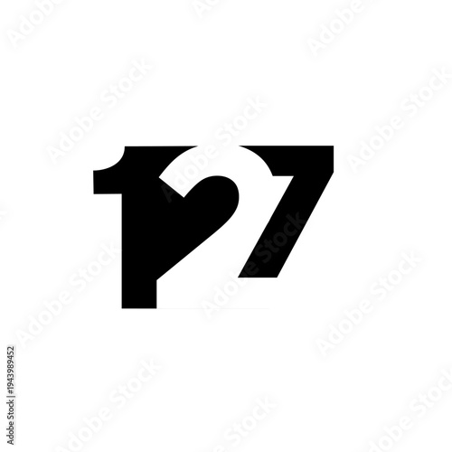 Geometric Black and White Number 127 Design with Negative Space