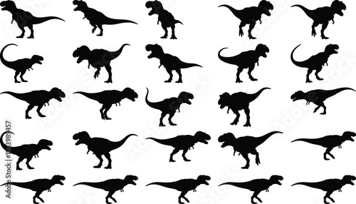Assortment of black Tyrannosaurus Rex dinosaur silhouettes in multiple dynamic poses against a plain white canvas, depicting extinct animals.