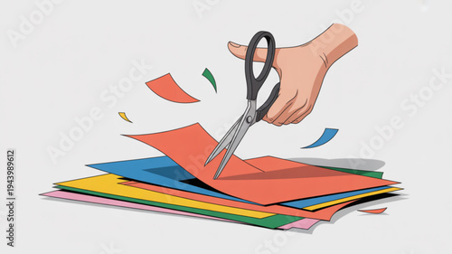 Hand cutting colorful paper sheets with scissors on a stack office supplies and crafting materials