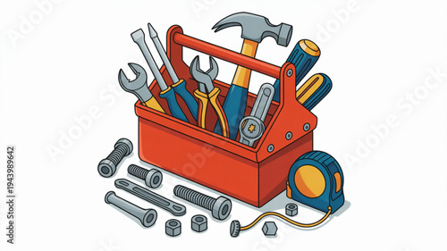Red toolbox with assorted tools and hardware on a white background for diy projects and home repair