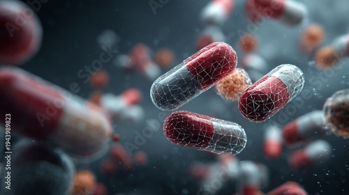Close-up of capsule pill with microgranule content symbolizing clinical trial for medicine and drug development, testing, and pharmacology.