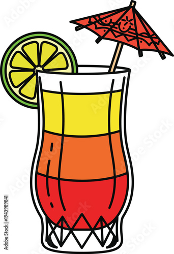 Colorful Tropical Cocktail with Lime and Umbrella.