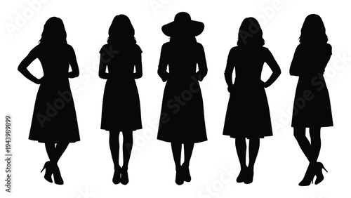 Five stylish silhouettes of women in dresses and heels, showcasing fashion and elegance in a minimalist black and white design