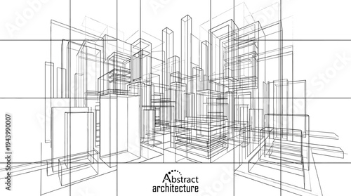 Abstract architecture wireframe city street with modern building facades urban road perspective and 3D geometric linear structure vector.