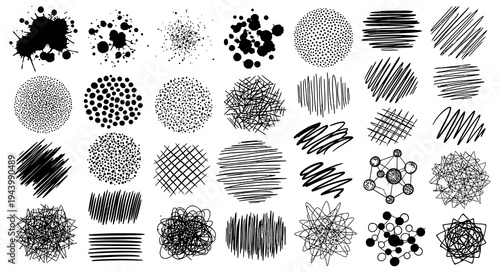 Hand Drawn Ink Texture Mega Set with Charcoal Scribbles, Grungy Paint Splatters, Pencil Hatched Circles, and Artistic Doodles for Abstract Graphic Design and Mixed Media Backgrounds
