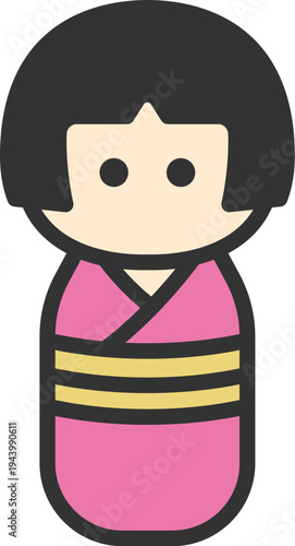 女性のこけしのアイコン（線画カラー）のイラスト