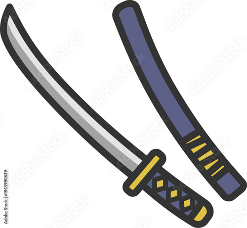 日本刀と鞘のアイコン（線画カラー）のイラスト