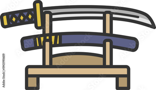 刀掛台に飾られた、日本刀と鞘のアイコン（線画カラー）のイラスト