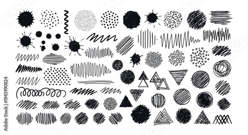 Hand Drawn Ink Texture Mega Set with Charcoal Scribbles, Grungy Paint Splatters, Pencil Hatched Circles, and Artistic Doodles for Abstract Graphic Design and Mixed Media Backgrounds