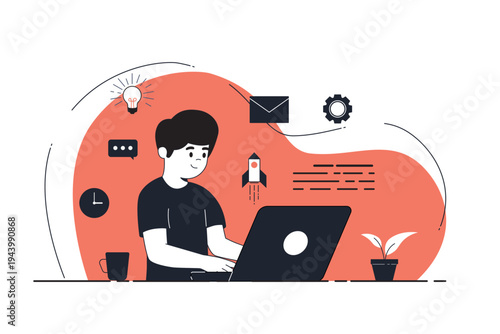 man is wearing a T-shirt sits at a desk, focused on working and typing on his laptop computer.