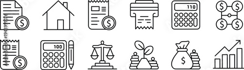 Set of representing financial and legal concepts with money symbols and documents house