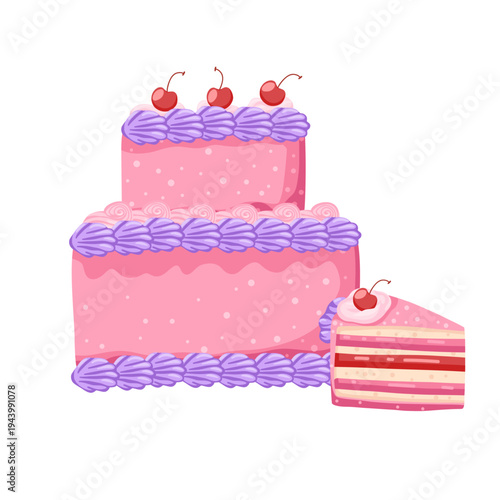 Birthday two-tier cherry cake. Sweet bakery dessert decorated in retro style. A piece of cake with layers for celebration design. Vector illustration isolated on white for postcard, sticker, web