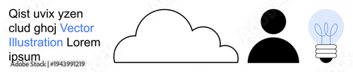 Cloud computing, innovation, brainstorming, data storage, creativity, personal identity. Image shows a cloud, simple person icon and light bulb symbol. Cloud computing and innovation concepts