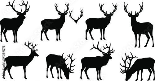 Black deer silhouette vector set, wild elk and buck with large antlers collection, forest stag and reindeer isolated on white background, bundle,