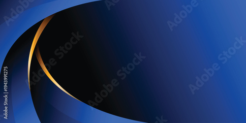 A dark blue background with a black and gold curved design element
