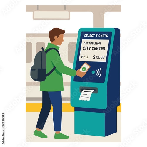 Man buys ticket from machine at train station with city center destination