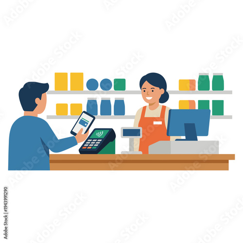 Customer makes payment using mobile phone at store checkout counter.