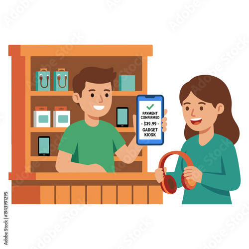 Woman buys gadget from man at store counter with headphones