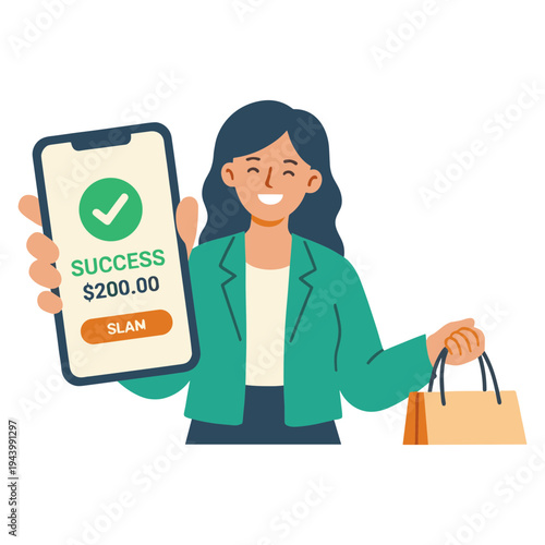 Woman holding phone with loan success message and shopping bag happily