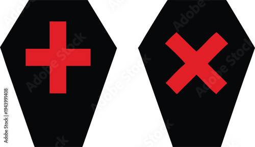 Two Coffin Shapes with and X Marks on White Background