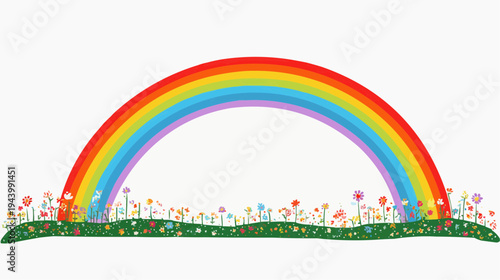 Flat vector illustration of a vibrant rainbow arching over a field of colorful flowers, perfect for children's books, nature-themed designs, or educational materials. Copy space