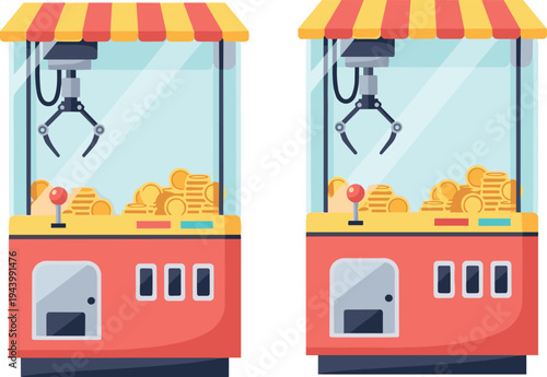Arcade claw machine with coins vector illustration set, classic prize grabber game cabinet for amusement center, entertainment arcade and fun gaming machine design