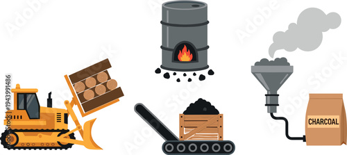 Charcoal production process vector illustration with wood loading, carbonization furnace, conveyor system and packaging bag representing industrial charcoal manufacturing and fuel processing workflow