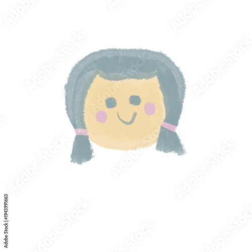 Cute cartoon girl face with simple hairstyle pink cheeks and smiling expression isolated on dark background representing playful children character