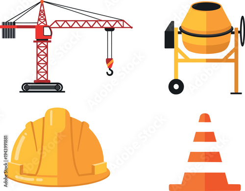 Canvas Print Construction equipment vector icons including tower crane, cement mixer, safety