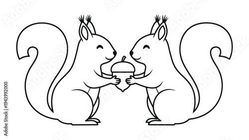 Two Squirrels Sharing an Acorn: A charming illustration depicts two cute squirrels with bushy tails holding an acorn between them, symbolizing friendship and sharing.