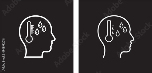 Fever Icon: Head Profile with Thermometer and Sweat Drops with Fever with Illness with Temperature with Thermometer with Sweat with Icon with Head with Profile