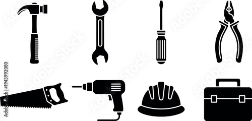 Construction hand tools silhouette icon set including hammer, wrench, screwdriver, pliers, saw, electric drill, safety helmet and toolbox for repair, carpentry and building work