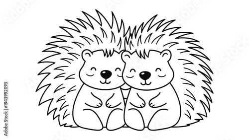 Adorable Hedgehog Pair: Two endearing hedgehogs, side-by-side in a display of closeness and friendship, are presented in this charming monochrome illustration.