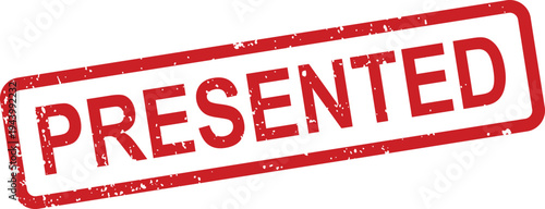 A bold red presented rubber stamp with an authentic grunge texture isolated on a bright white background