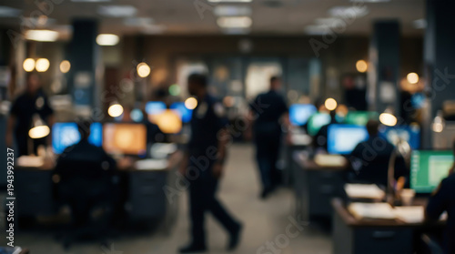 Highly blurred photo of a police station interior where employees in uniform are working at computers