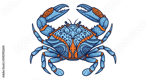 Ornate Blue Crab with Orange Pattern, Zodiac Cancer Symbol, Isolated