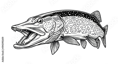 Pike Fish Illustration - Aggressive Predator with Open Mouth and Sharp Teeth