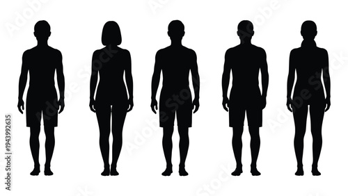 A group of five human silhouettes standing in a row on a white background illustration